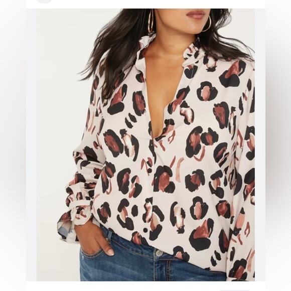 Eloquii 14 Women's Plus Size Animal Leopard Print Top Blouse Shirt Ruffle Neck - Picture 1 of 6